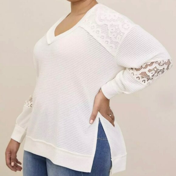 Torrid Ivory Waffle Knit Long Sleeve Shirt Women Plus 3 3X Lace V Neck Boho Cozy - Picture 1 of 12